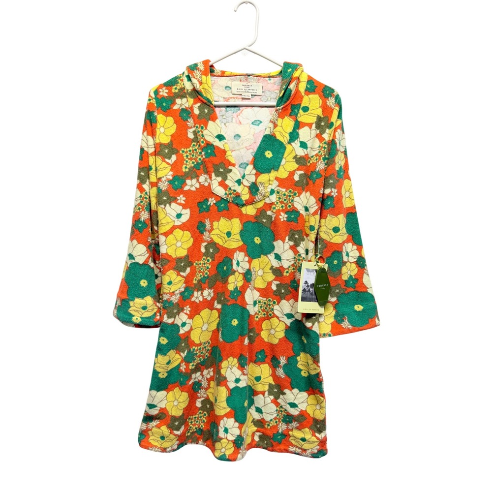 Trovata Birds of Paradis Retro Floral Terry Cloth Hooded Tunic Dress XS NWT